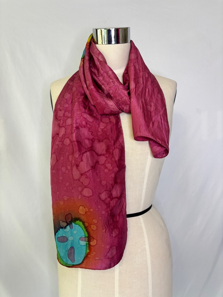 HandDyed Silk Scarf With Turquoise Purple Yellow And Green Design Ooak